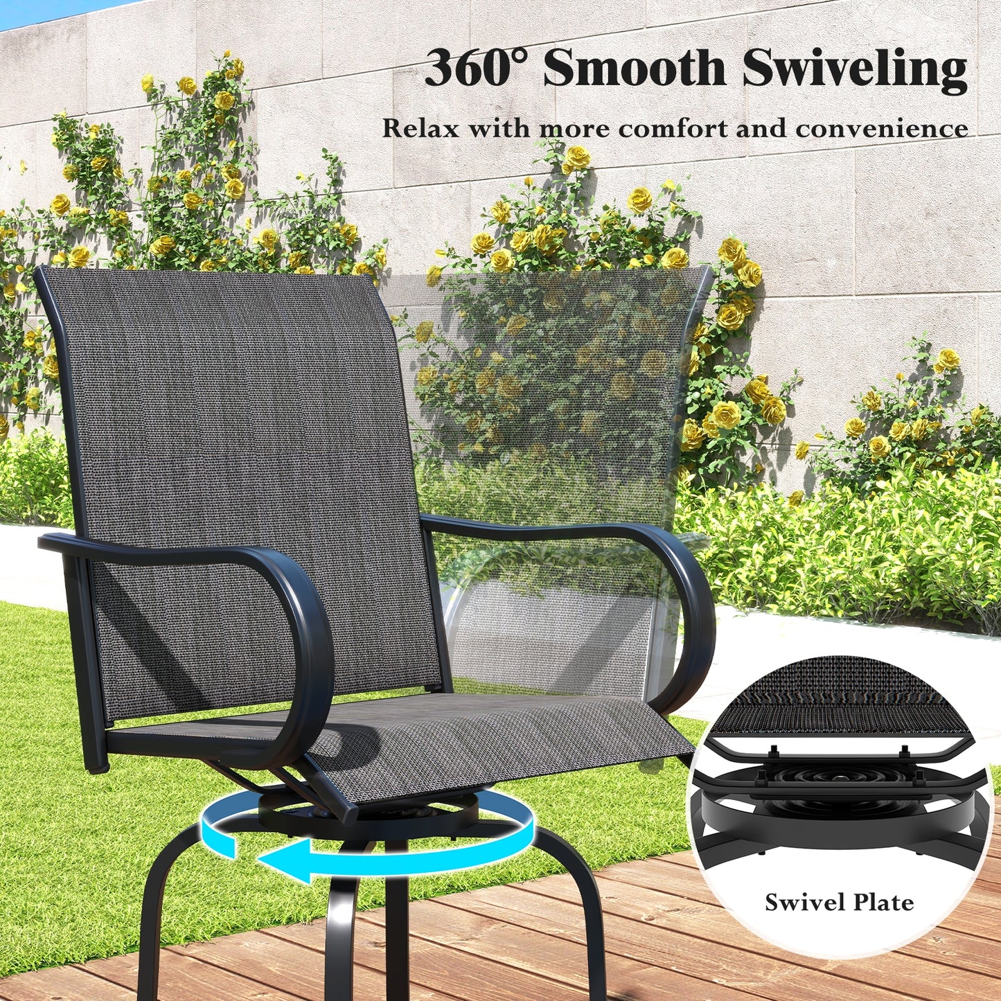 2 Pieces 360 Rotating Bar Stool Set with Armrests for Patio, Black Patio Bar Furniture   at Gallery Canada