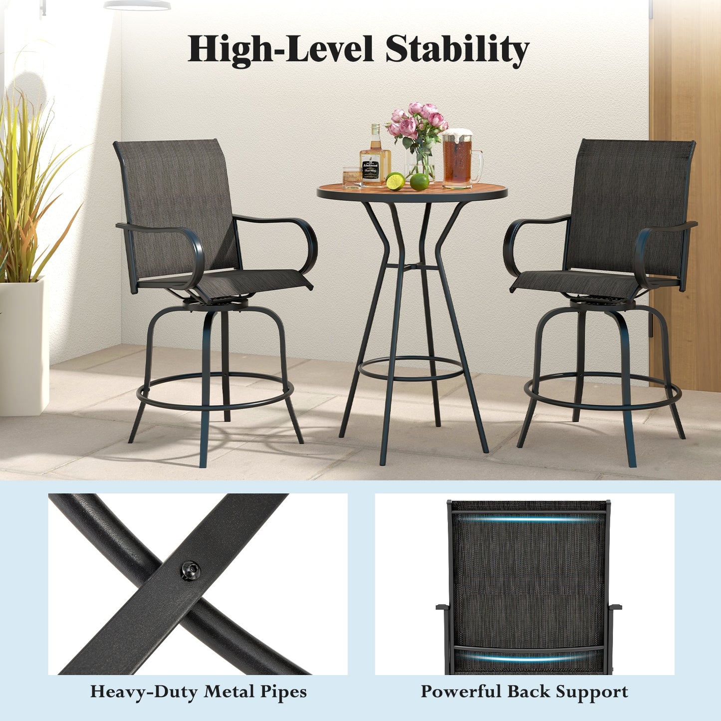 2 Pieces 360 Rotating Bar Stool Set with Armrests for Patio, Black Patio Bar Furniture   at Gallery Canada