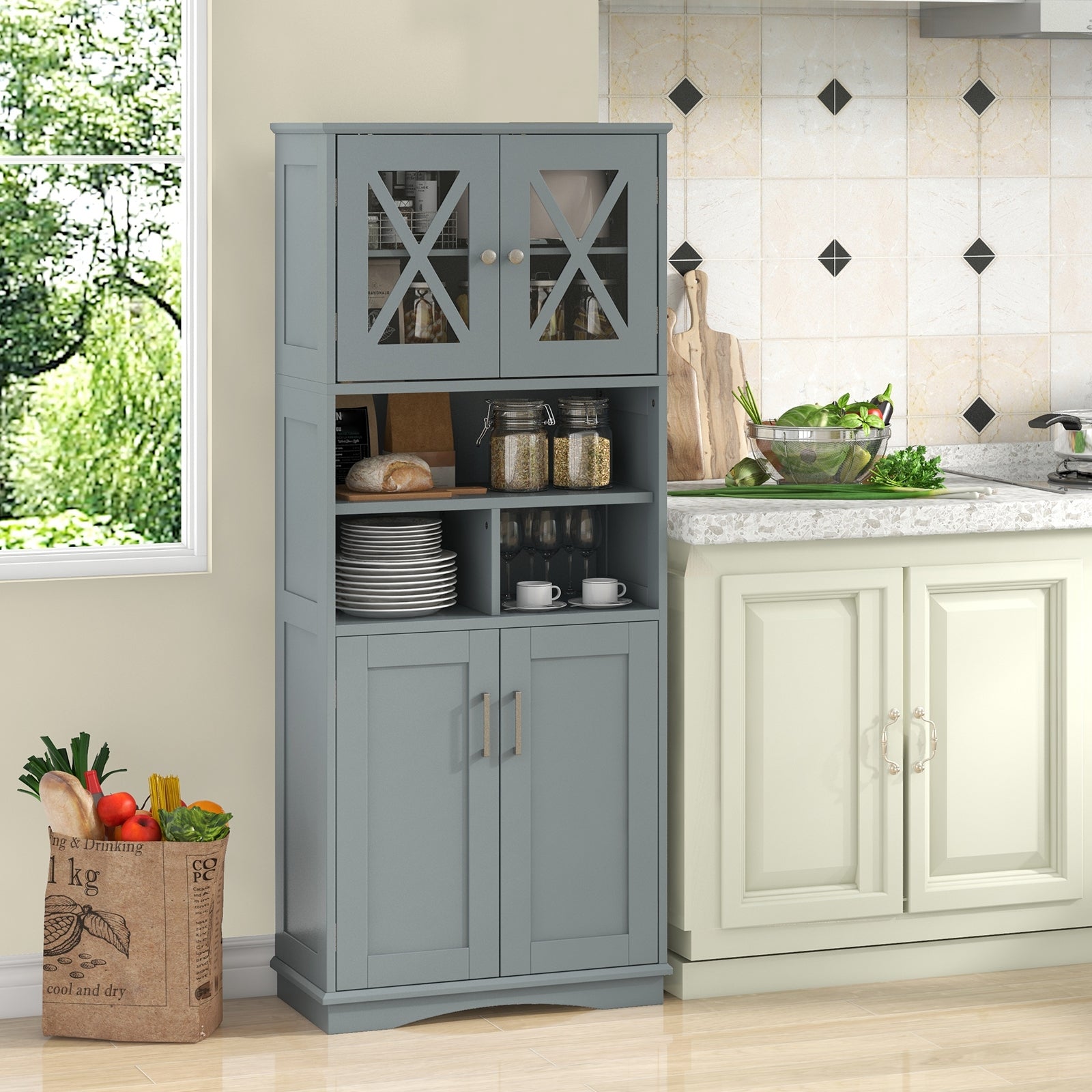 Tall Bathroom Cabinet Large Floor Storage Cabinet with Acrylic Doors and 3 Cubes, Gray Floor Cabinets at Gallery Canada