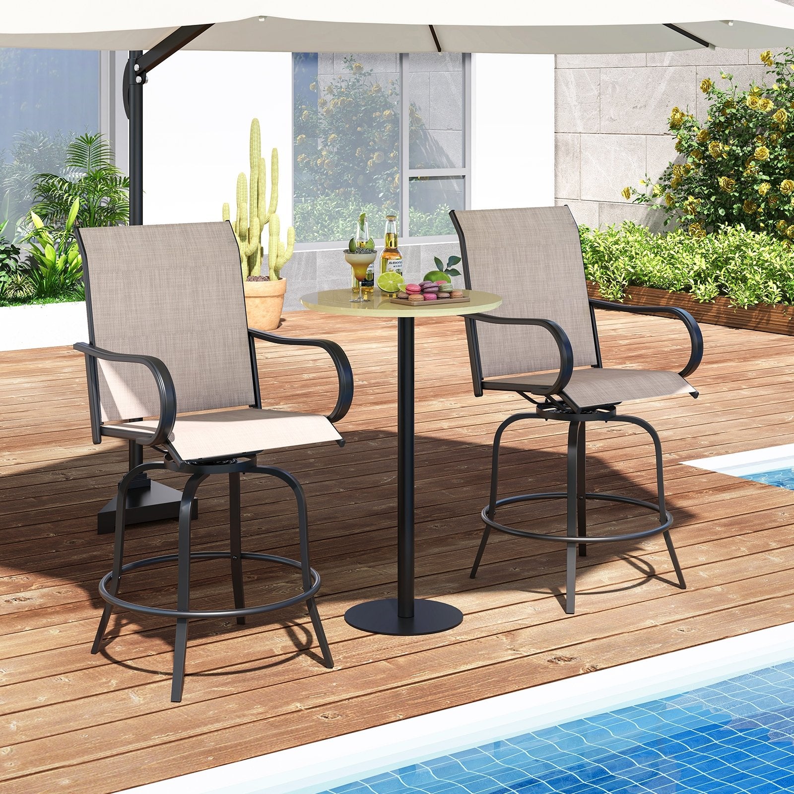 2 Pieces 360 Rotating Bar Stool Set with Armrests for Patio, Gray Patio Bar Furniture   at Gallery Canada