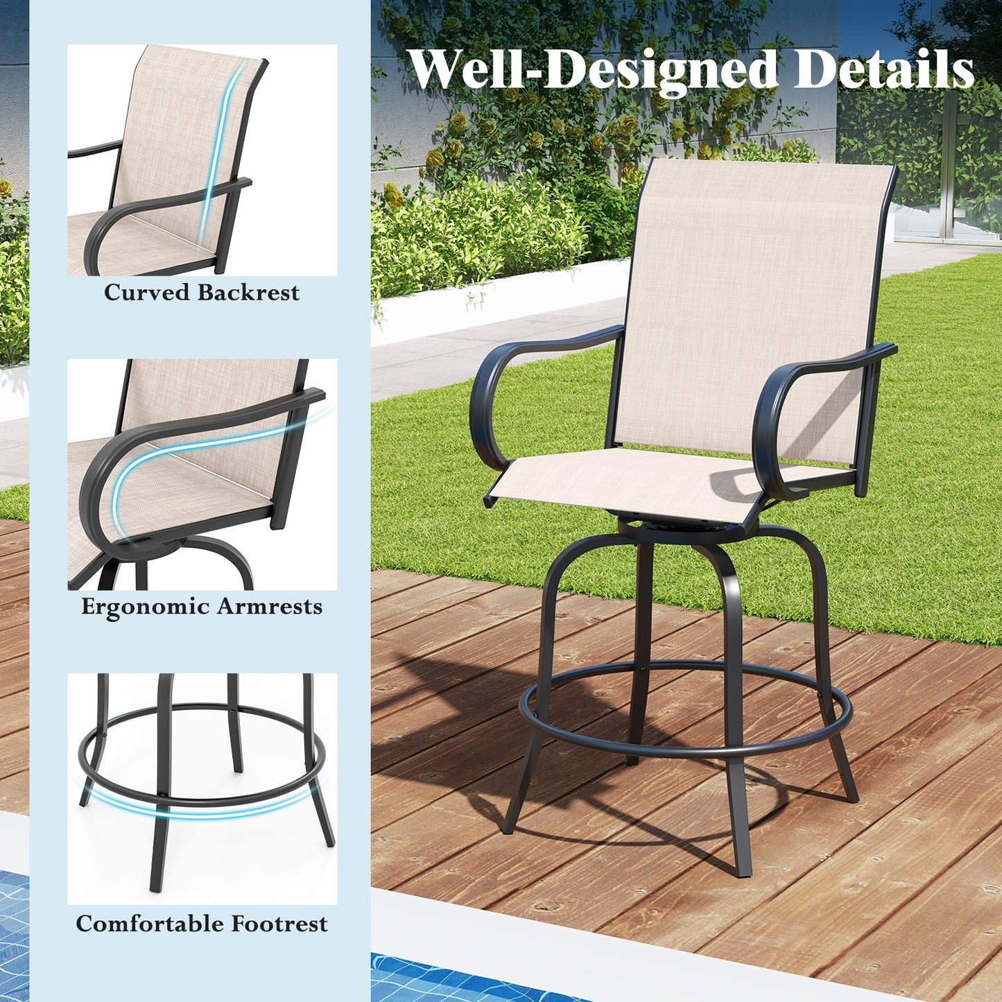 2 Pieces 360 Rotating Bar Stool Set with Armrests for Patio, Gray Patio Bar Furniture   at Gallery Canada