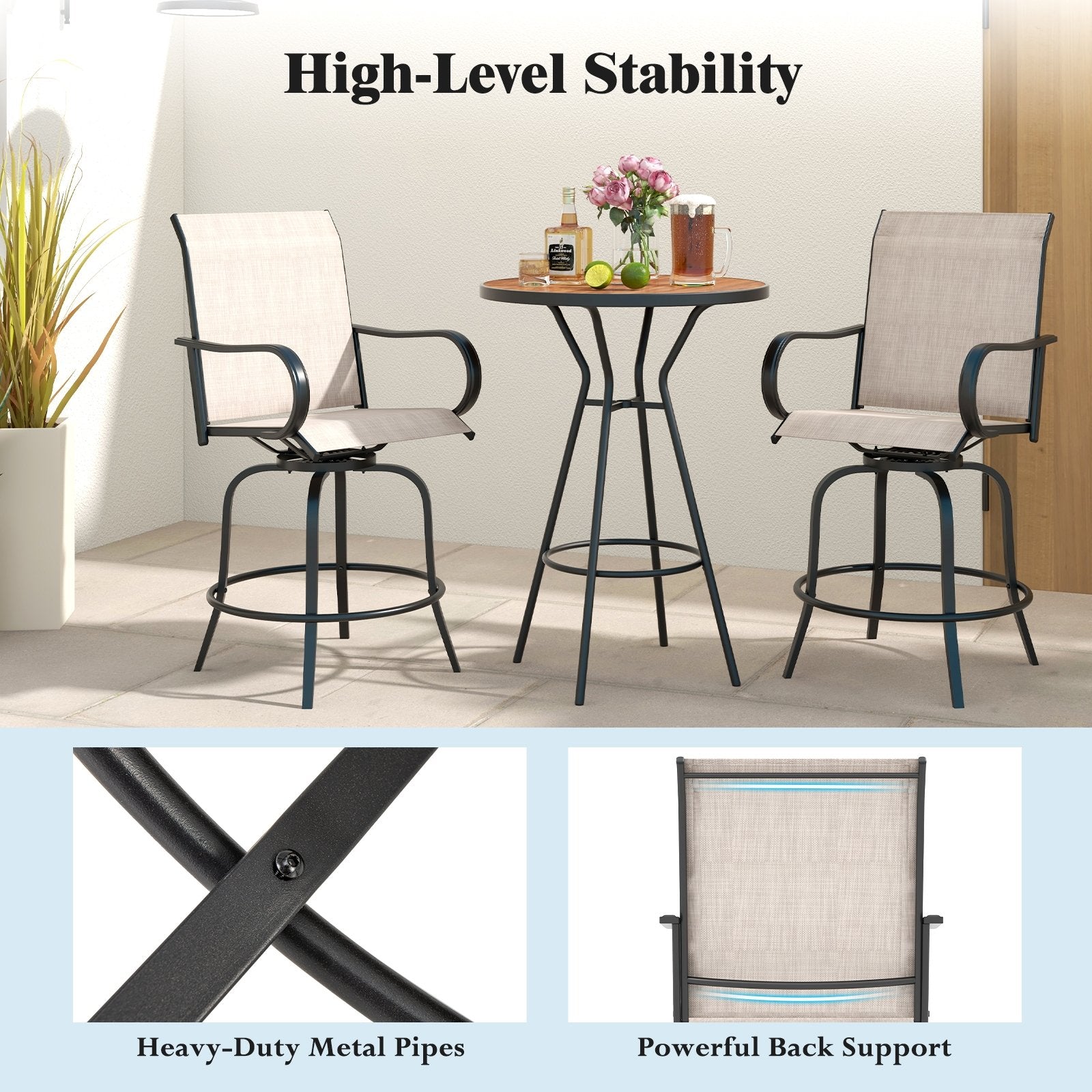 2 Pieces 360 Rotating Bar Stool Set with Armrests for Patio, Gray Patio Bar Furniture   at Gallery Canada