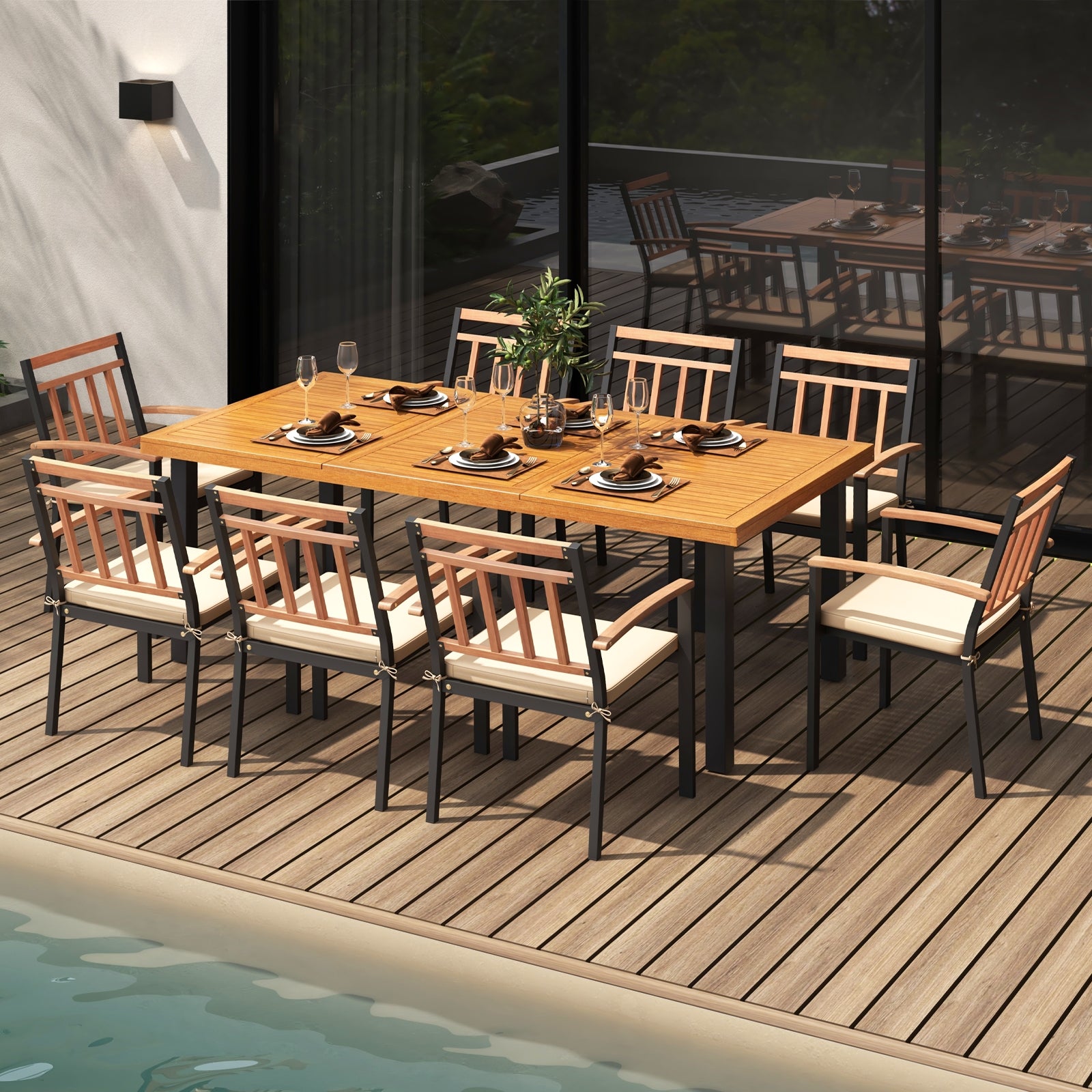 9 Pieces Patio Dining Set 39.5 Inch Acacia Wood Table with Umbrella Hole and 24-Inch Wide Chairs, Natural Patio Dining Sets   at Gallery Canada