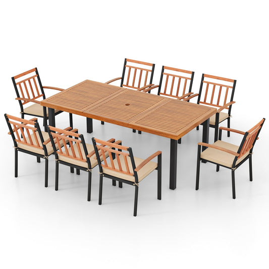 9 Pieces Patio Dining Set 39.5 Inch Acacia Wood Table with Umbrella Hole and 24-Inch Wide Chairs, Natural Patio Dining Sets Natural  at Gallery Canada