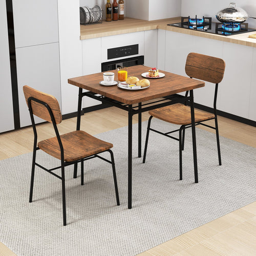 3 Piece Dining Table Set for 2 Wood Square Table with Metal Frame, Brown