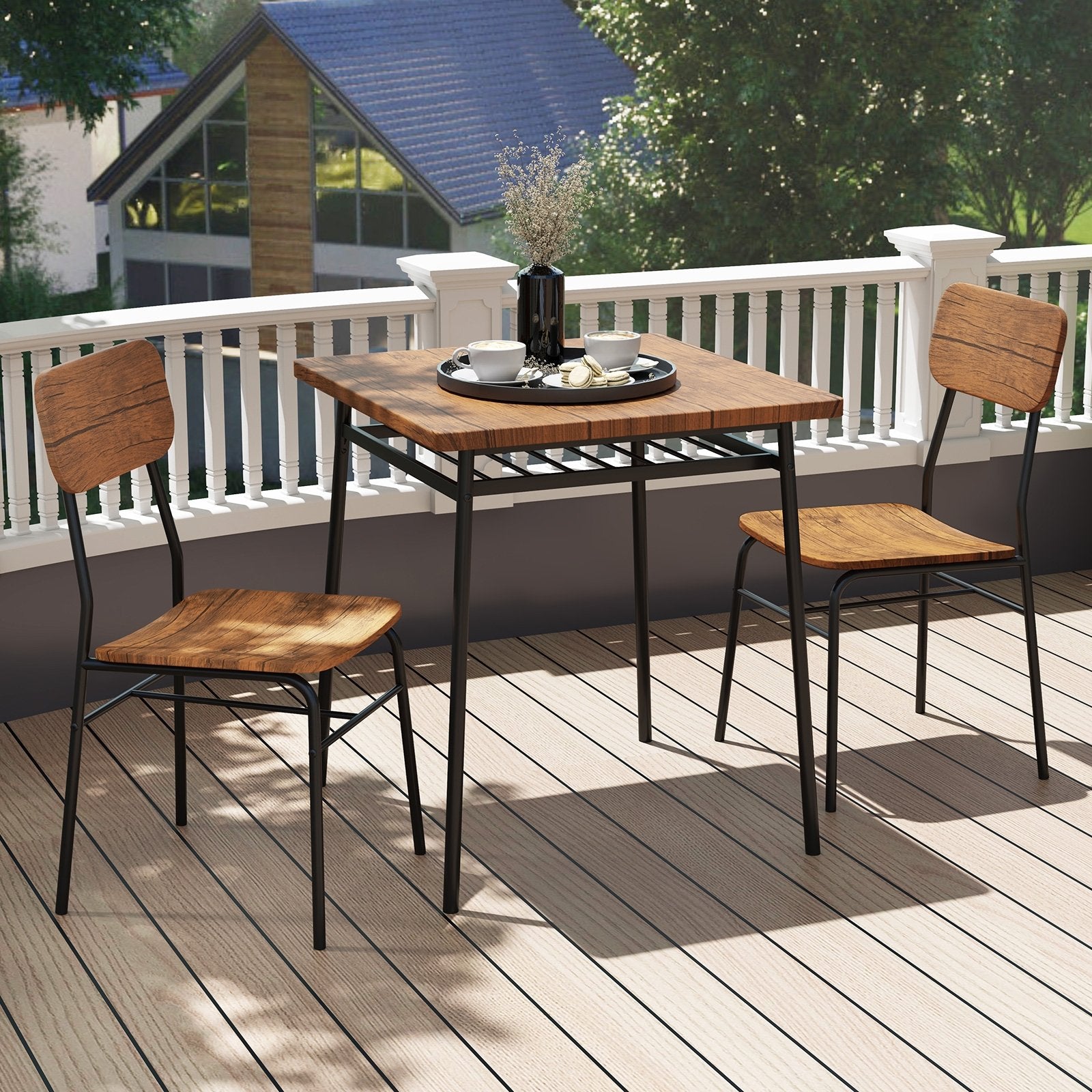 3 Piece Dining Table Set for 2 Wood Square Table with Metal Frame, Brown Dining Room Sets at Gallery Canada