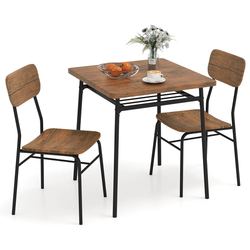 3 Piece Dining Table Set for 2 Wood Square Table with Metal Frame, Brown