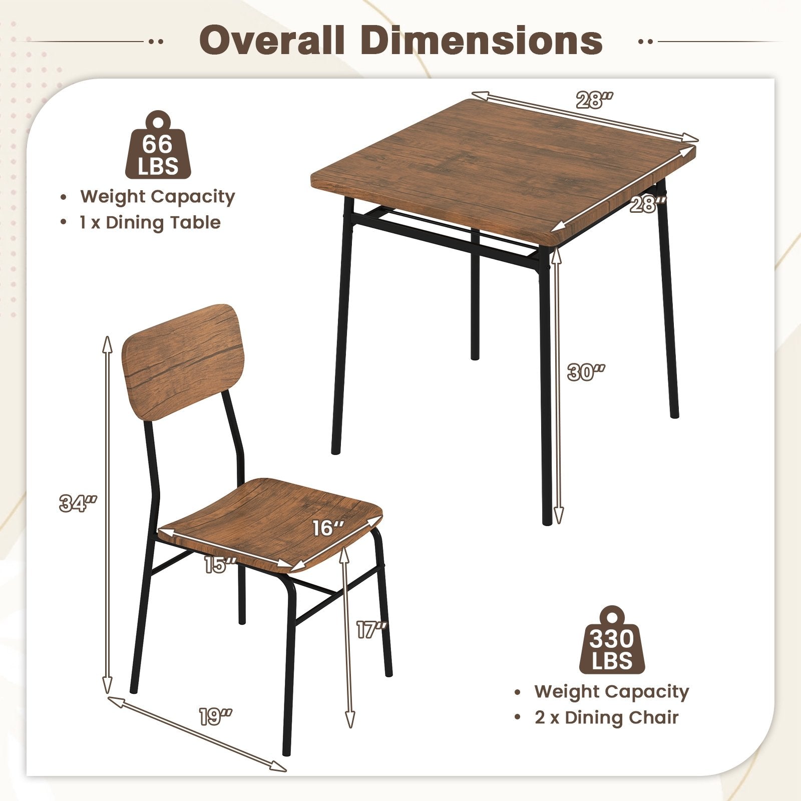 3 Piece Dining Table Set for 2 Wood Square Table with Metal Frame, Brown Dining Room Sets at Gallery Canada