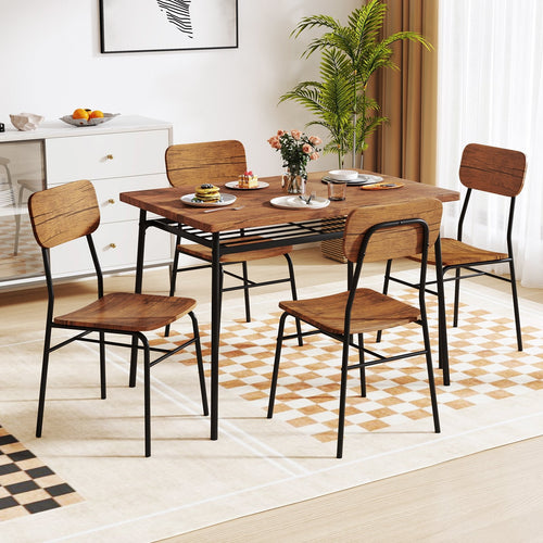 5-Piece Table Set for 4 with Metal Frame and Storage Rack, Brown