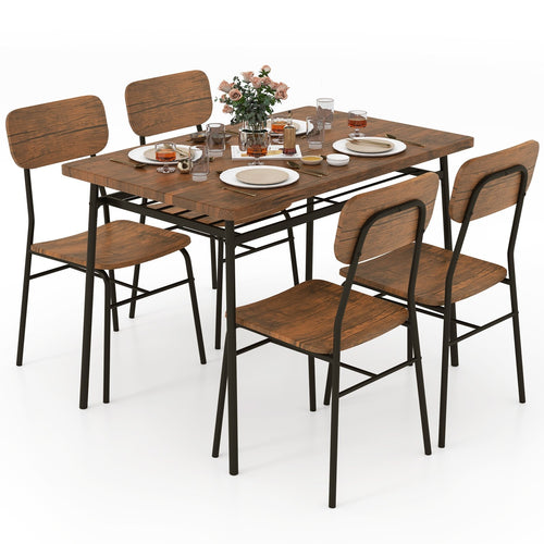 5-Piece Table Set for 4 with Metal Frame and Storage Rack, Brown