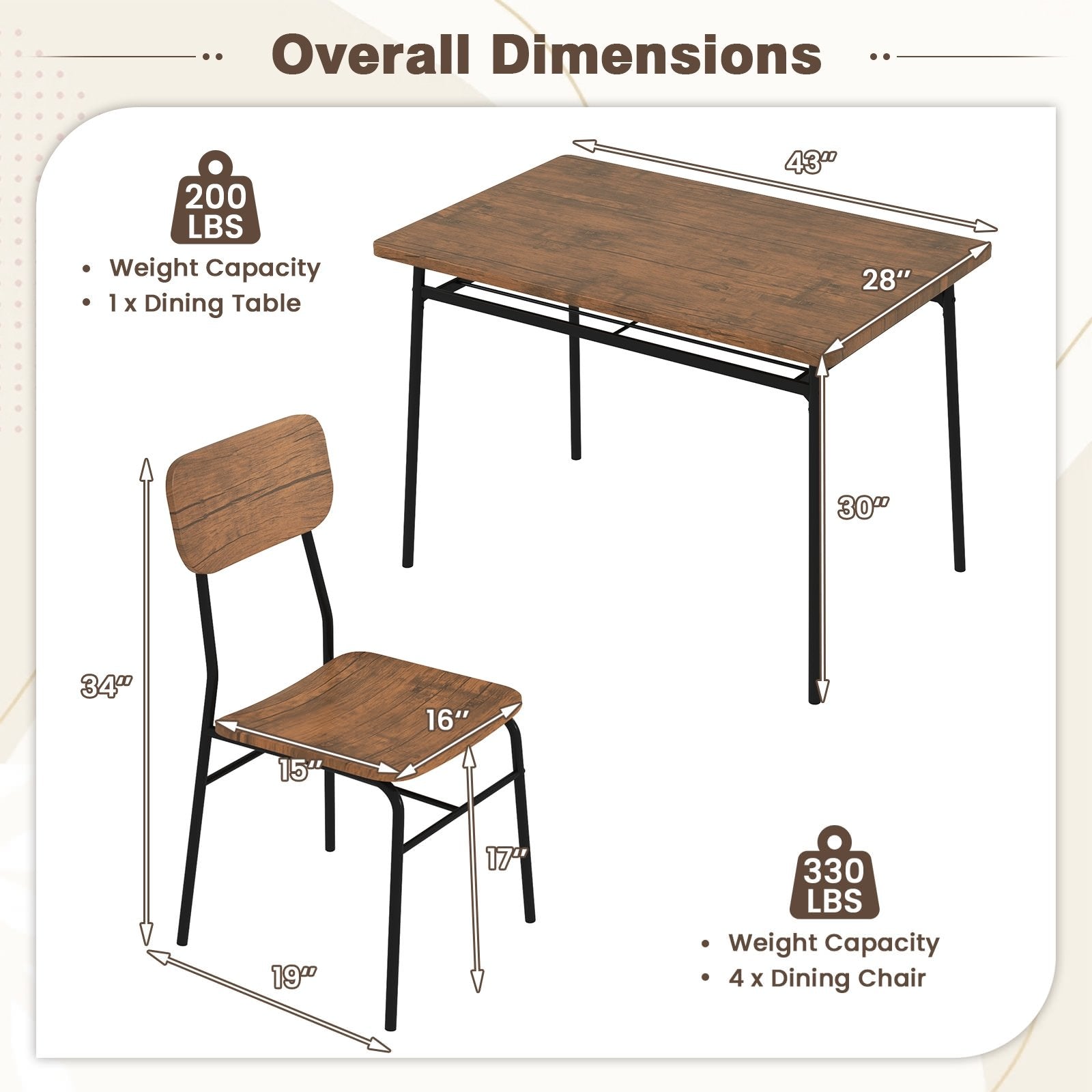 5-Piece Table Set for 4 with Metal Frame and Storage Rack, Brown Dining Room Sets at Gallery Canada
