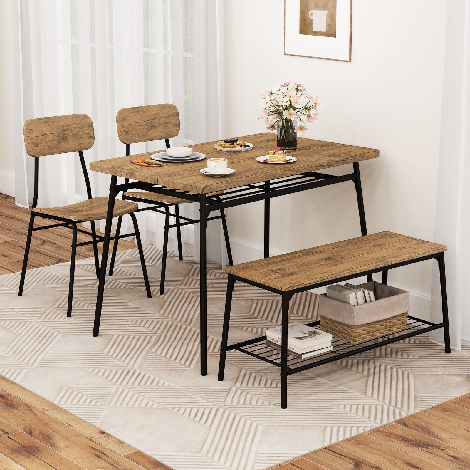4 Piece Dining Table Set for 4 Metal Frame with Bench and 2 Chairs, Brown Dining Room Sets at Gallery Canada