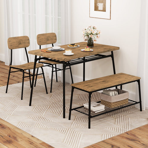 4 Piece Dining Table Set for 4 Metal Frame with Bench and 2 Chairs, Brown
