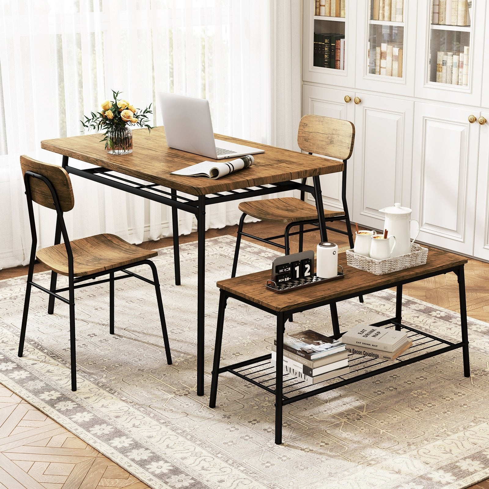 4 Piece Dining Table Set for 4 Metal Frame with Bench and 2 Chairs, Brown Dining Room Sets at Gallery Canada