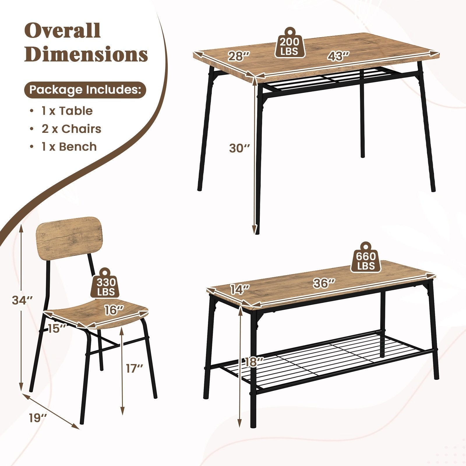 4 Piece Dining Table Set for 4 Metal Frame with Bench and 2 Chairs, Brown Dining Room Sets at Gallery Canada