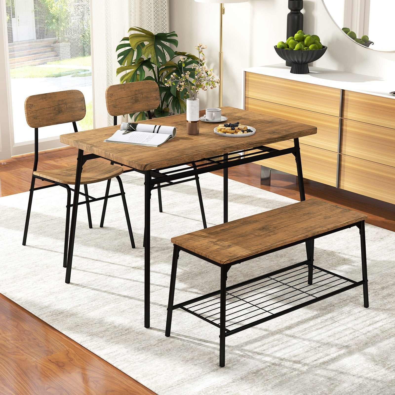 4 Piece Dining Table Set for 4 Metal Frame with Bench and 2 Chairs, Brown Dining Room Sets at Gallery Canada