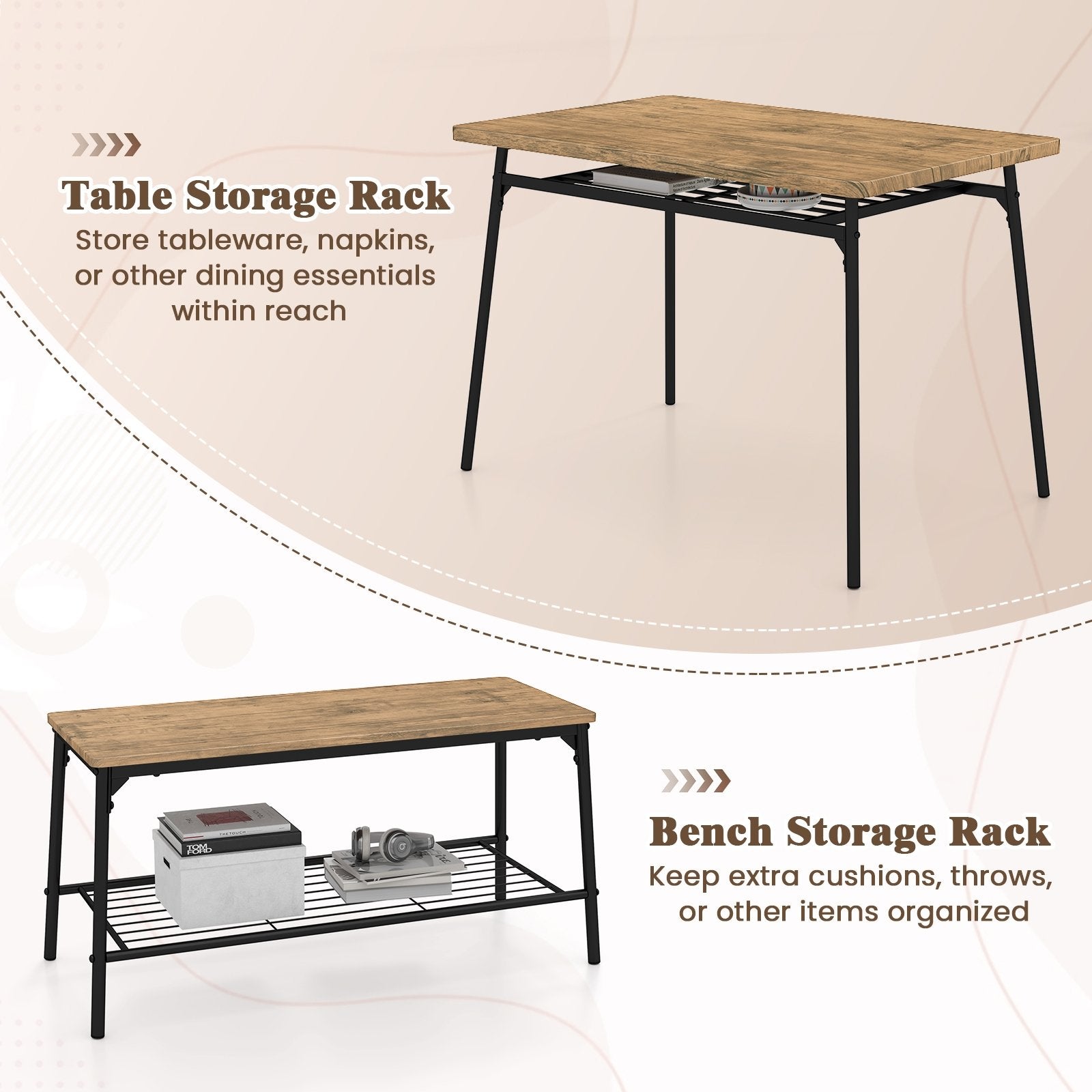 4 Piece Dining Table Set for 4 Metal Frame with Bench and 2 Chairs, Brown Dining Room Sets at Gallery Canada