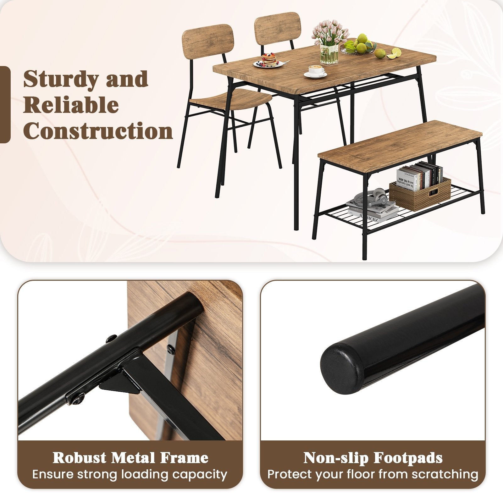 4 Piece Dining Table Set for 4 Metal Frame with Bench and 2 Chairs, Brown Dining Room Sets at Gallery Canada