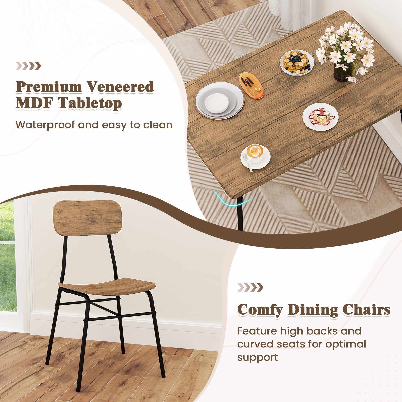 4 Piece Dining Table Set for 4 Metal Frame with Bench and 2 Chairs, Brown Dining Room Sets at Gallery Canada