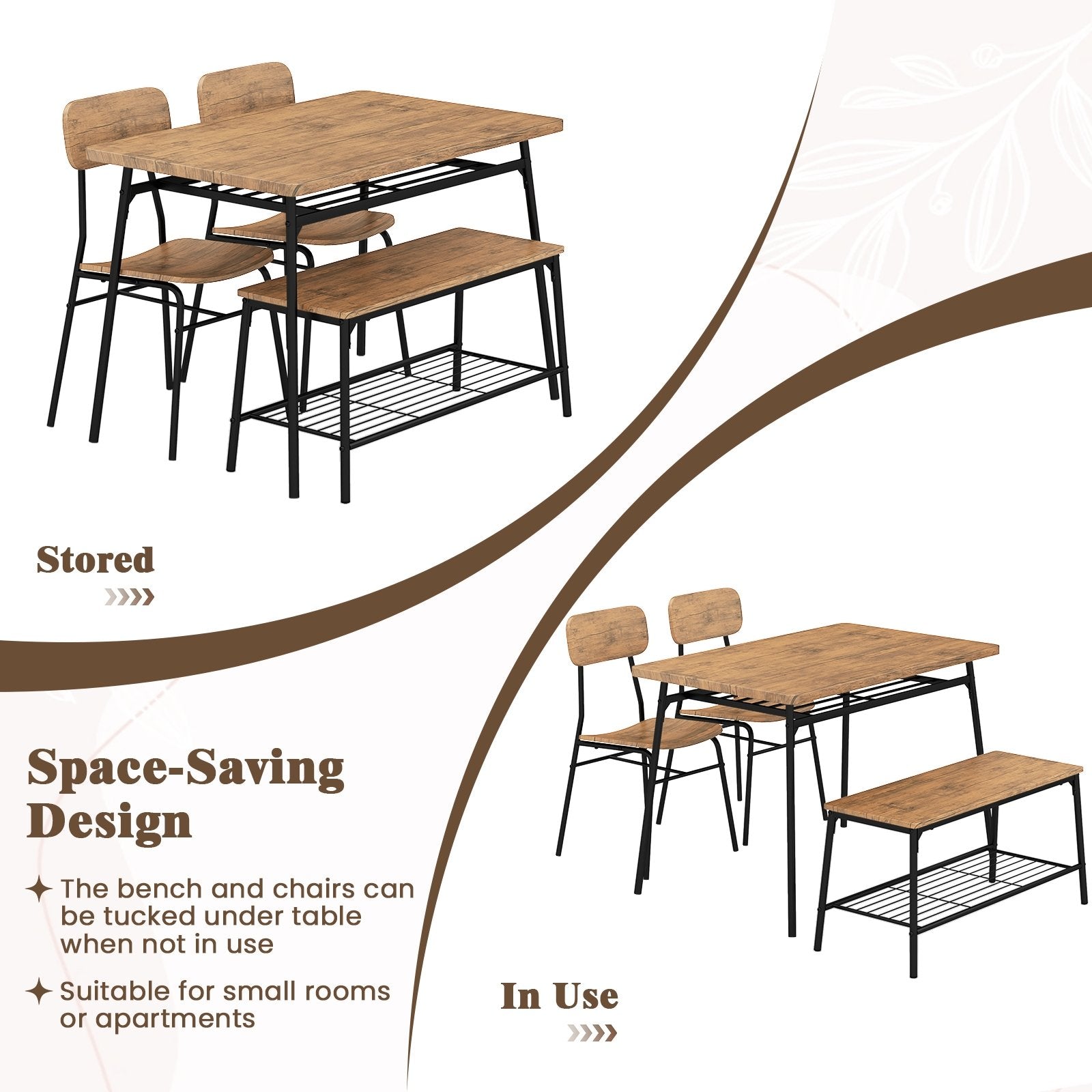 4 Piece Dining Table Set for 4 Metal Frame with Bench and 2 Chairs, Brown Dining Room Sets at Gallery Canada