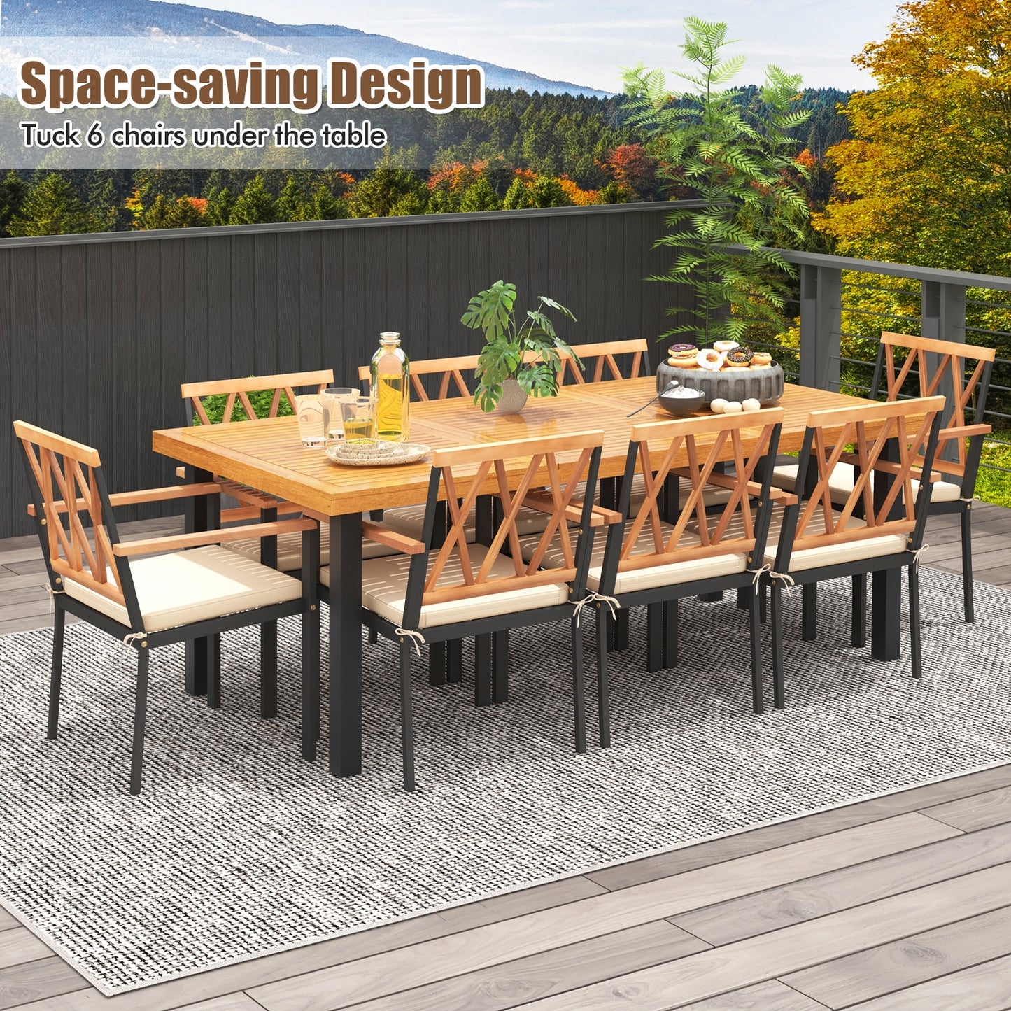 9 Pieces Patio Dining Set 39.5 Inch Acacia Wood Table with Umbrella Hole and 22.5-Inch Wide Chairs, Natural Patio Dining Sets   at Gallery Canada