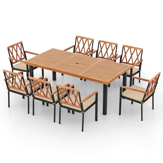 9 Pieces Patio Dining Set 39.5 Inch Acacia Wood Table with Umbrella Hole and 22.5-Inch Wide Chairs, Natural Patio Dining Sets Natural  at Gallery Canada