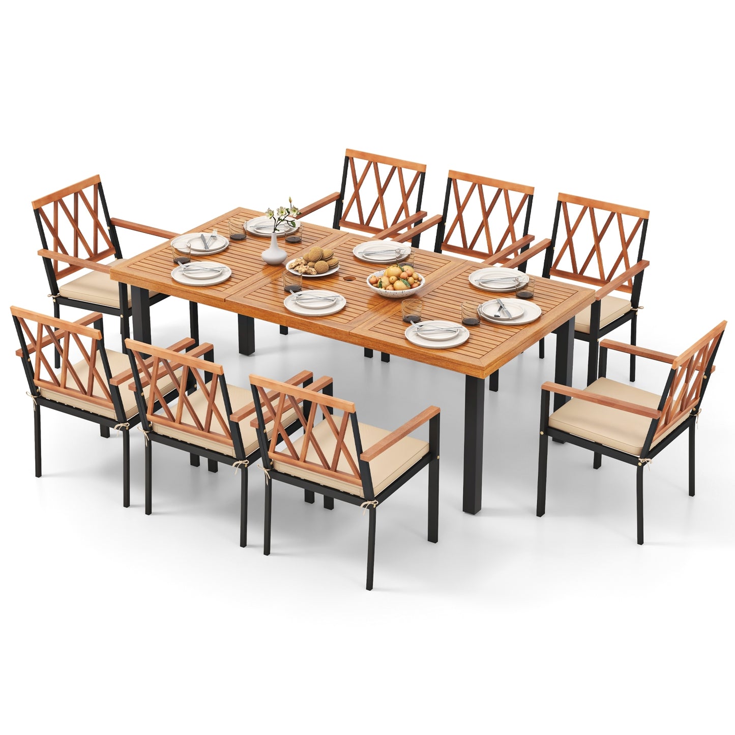 9 Pieces Patio Dining Set 39.5 Inch Acacia Wood Table with Umbrella Hole and 22.5-Inch Wide Chairs, Natural Patio Dining Sets   at Gallery Canada