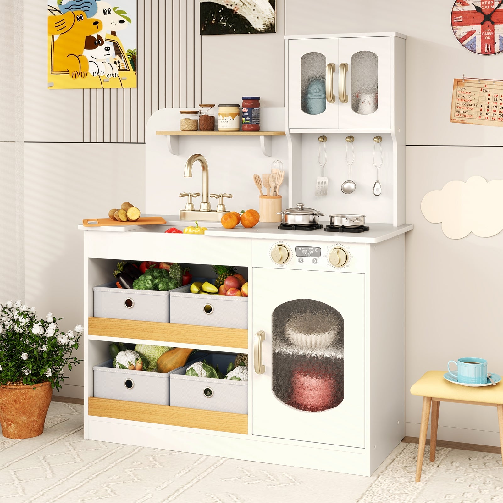 Kids Kitchen Playset with Cooking Accessories and Toy Cuttable Veggies, White Play Kitchen Sets at Gallery Canada