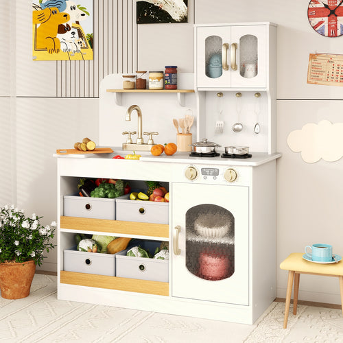 Kids Kitchen Playset with Cooking Accessories and Toy Cuttable Veggies, White