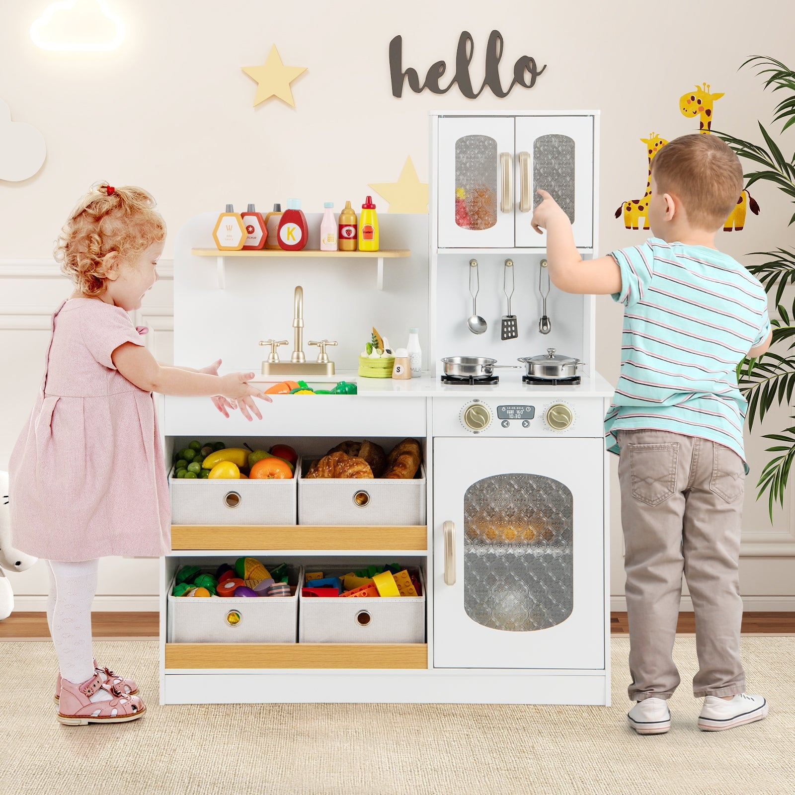 Kids Kitchen Playset with Cooking Accessories and Toy Cuttable Veggies, White Play Kitchen Sets at Gallery Canada
