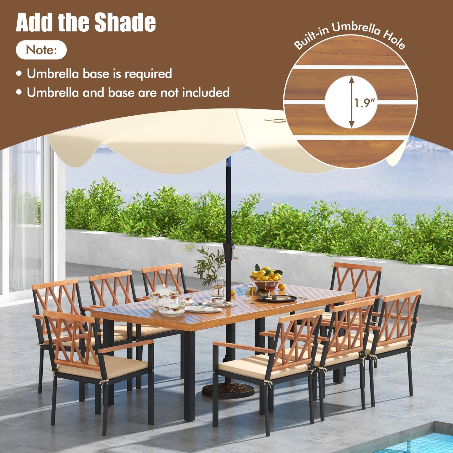 9 Pieces Patio Dining Set 39.5 Inch Acacia Wood Table with Umbrella Hole and 22.5-Inch Wide Chairs, Natural Patio Dining Sets   at Gallery Canada