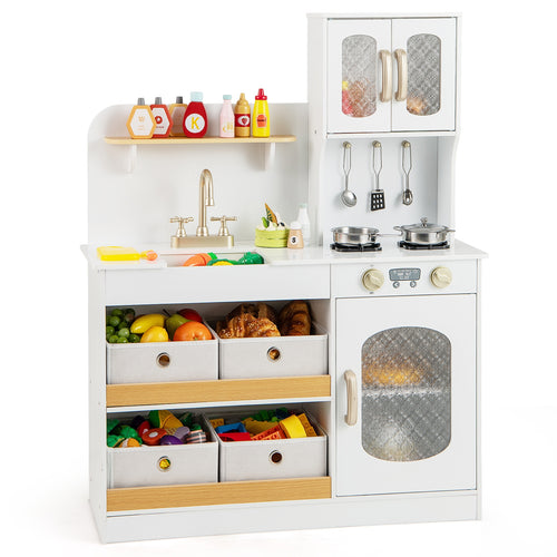 Kids Kitchen Playset with Cooking Accessories and Toy Cuttable Veggies, White