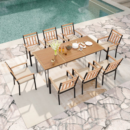 9-Piece Patio Dining Set 35.5 Inch Acacia Wood Table with Umbrella Hole and 24-Inch Wide Chairs, Natural Patio Dining Sets   at Gallery Canada