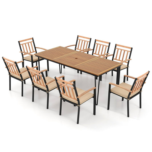 9-Piece Patio Dining Set 35.5 Inch Acacia Wood Table with Umbrella Hole and 24-Inch Wide Chairs, Natural Patio Dining Sets Natural  at Gallery Canada