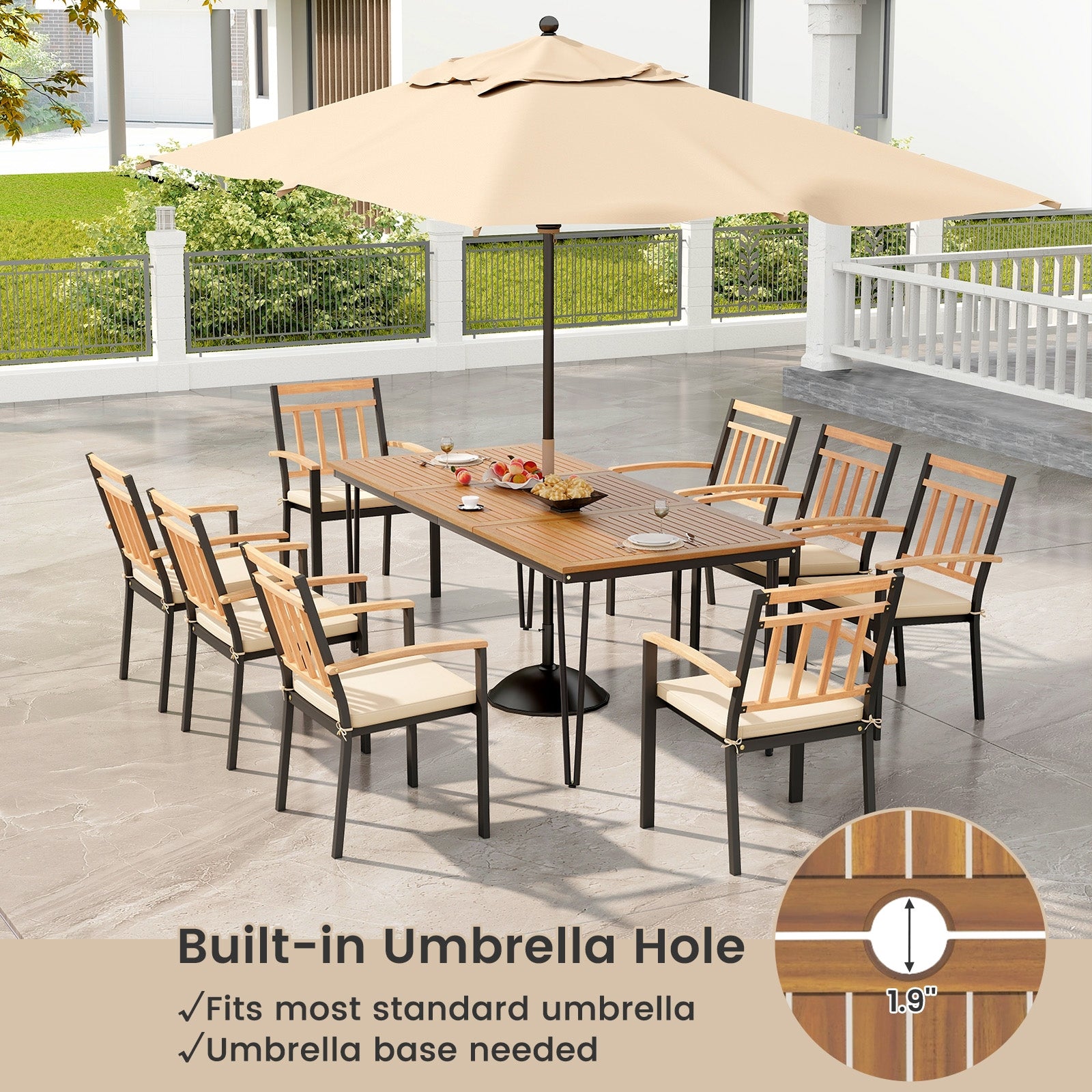 9-Piece Patio Dining Set 35.5 Inch Acacia Wood Table with Umbrella Hole and 24-Inch Wide Chairs, Natural Patio Dining Sets   at Gallery Canada