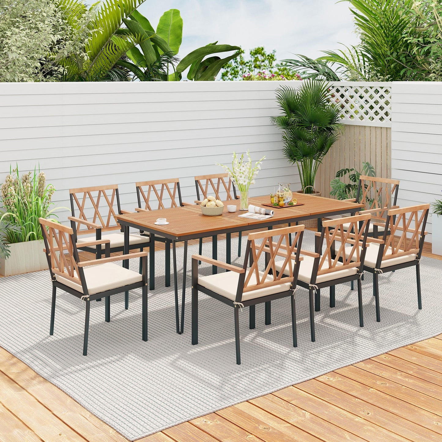 9-Piece Patio Dining Set 35.5 Inch Acacia Wood Table with Umbrella Hole and 22.5-Inch Wide Chairs, Natural Patio Dining Sets   at Gallery Canada