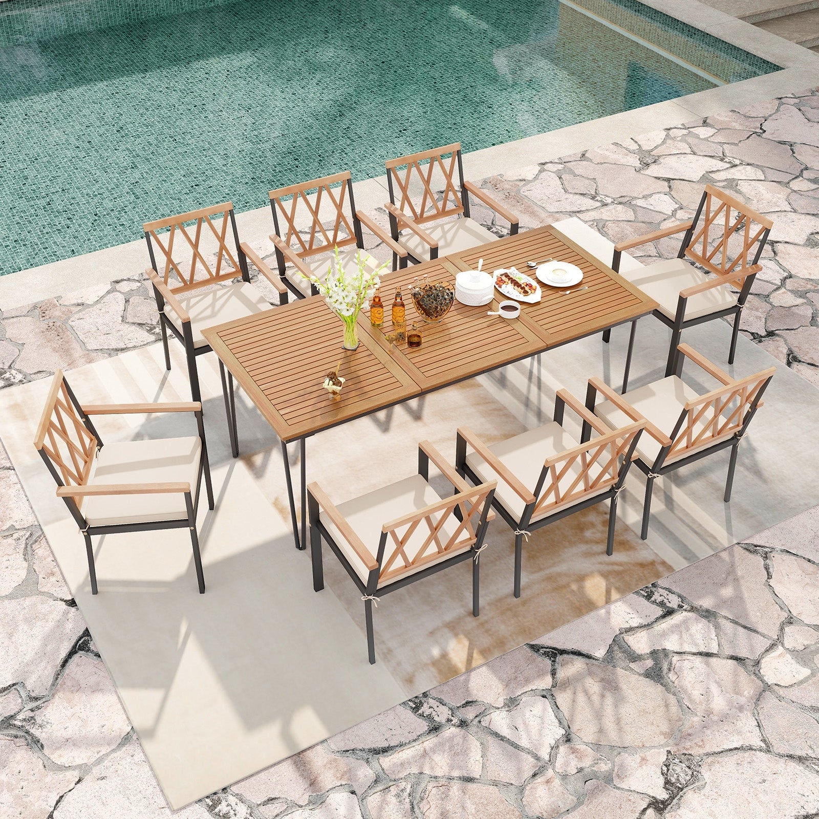 9-Piece Patio Dining Set 35.5 Inch Acacia Wood Table with Umbrella Hole and 22.5-Inch Wide Chairs, Natural Patio Dining Sets   at Gallery Canada