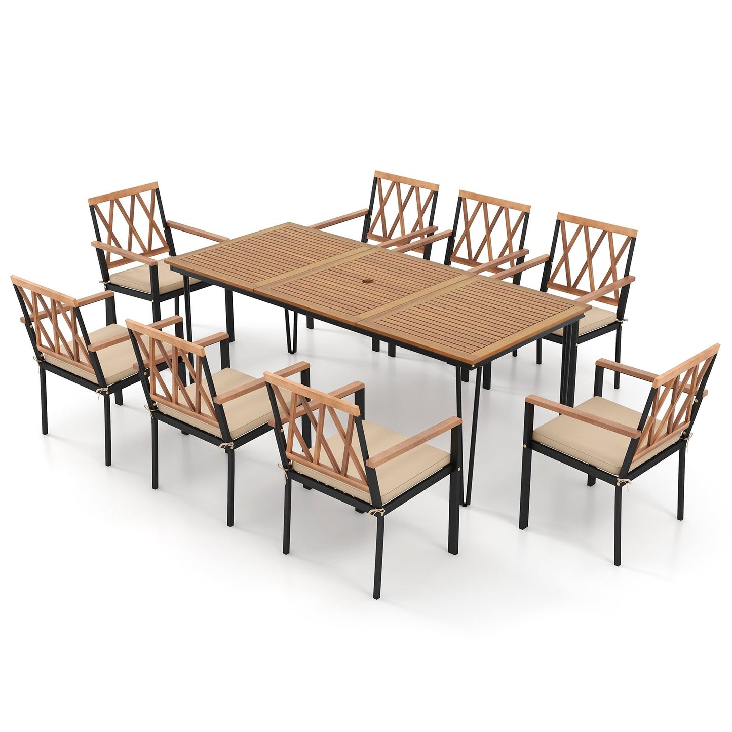 9-Piece Patio Dining Set 35.5 Inch Acacia Wood Table with Umbrella Hole and 22.5-Inch Wide Chairs, Natural Patio Dining Sets Natural  at Gallery Canada