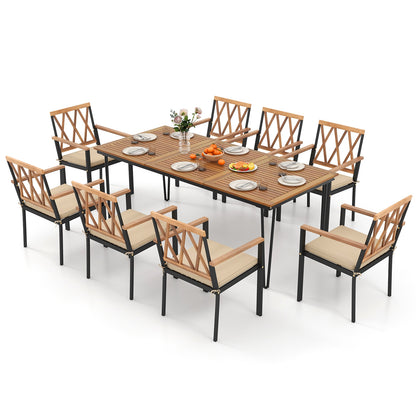 9-Piece Patio Dining Set 35.5 Inch Acacia Wood Table with Umbrella Hole and 22.5-Inch Wide Chairs, Natural Patio Dining Sets   at Gallery Canada