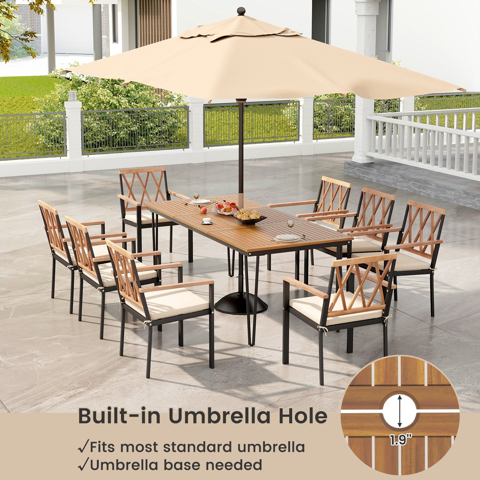 9-Piece Patio Dining Set 35.5 Inch Acacia Wood Table with Umbrella Hole and 22.5-Inch Wide Chairs, Natural Patio Dining Sets   at Gallery Canada