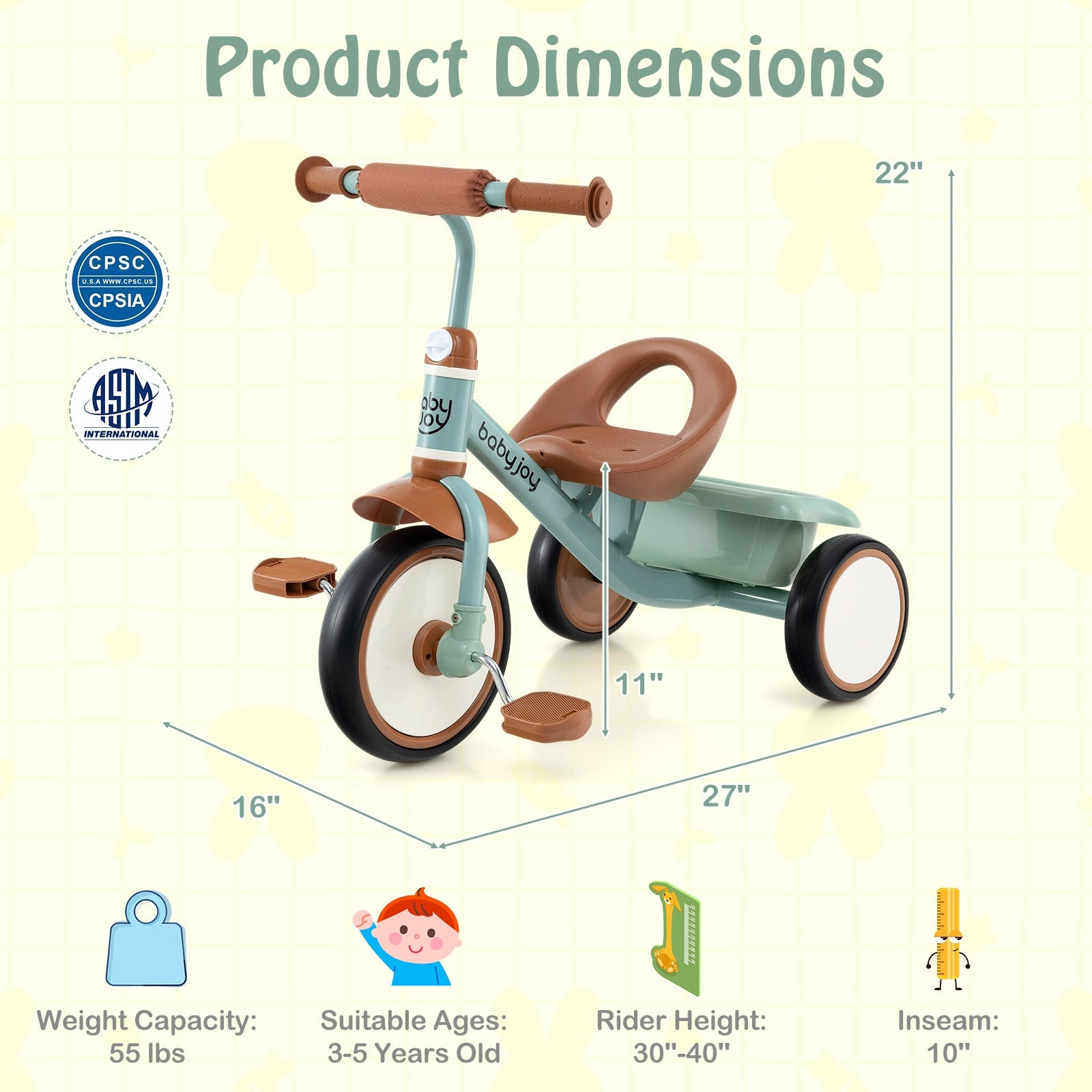 Toddler Tricycle Kids Trike with Adjustable Seat and Basket Aged 3-5 Years Old, Green Push & Pedal Ride On Toys at Gallery Canada