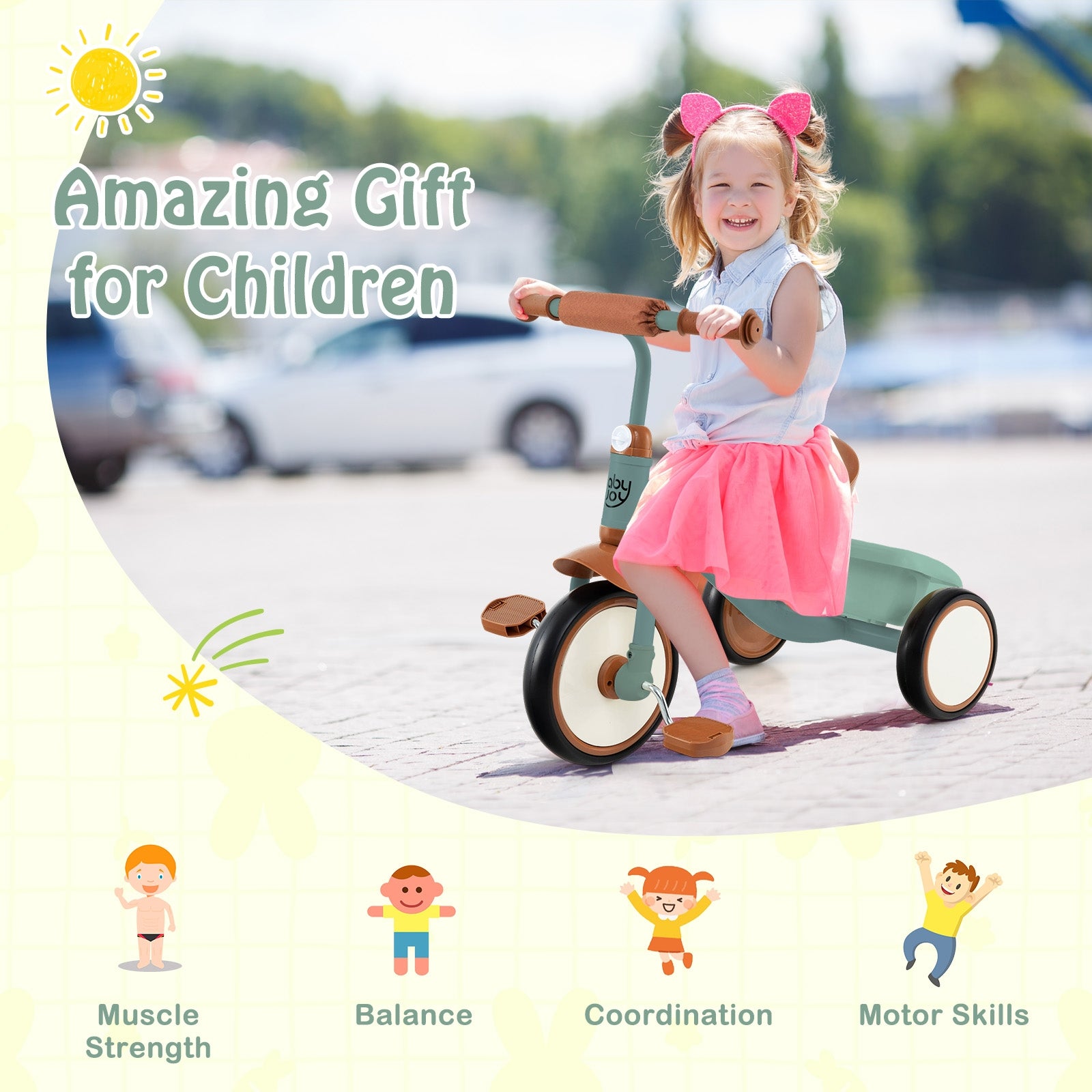 Toddler Tricycle Kids Trike with Adjustable Seat and Basket Aged 3-5 Years Old, Green Push & Pedal Ride On Toys at Gallery Canada