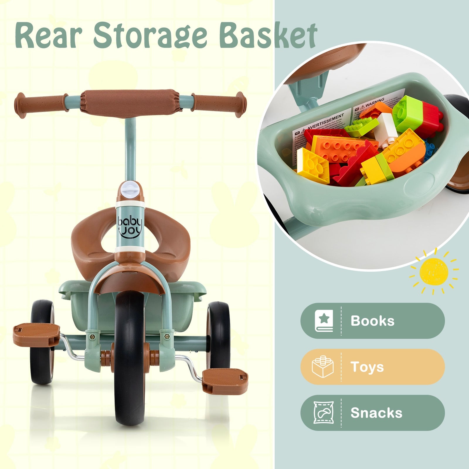 Toddler Tricycle Kids Trike with Adjustable Seat and Basket Aged 3-5 Years Old, Green Push & Pedal Ride On Toys at Gallery Canada