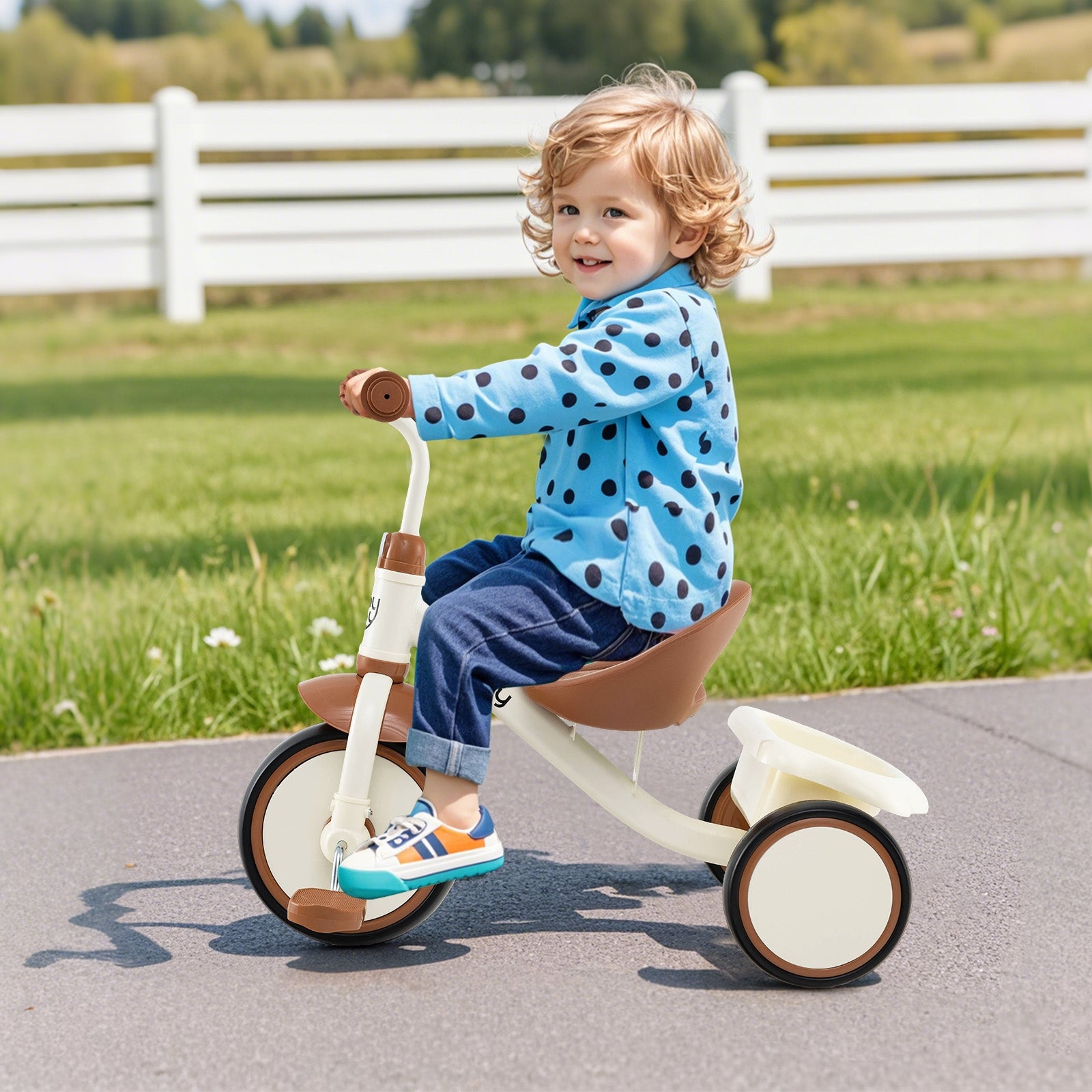 Toddler Tricycle Kids Trike with Adjustable Seat and Basket Aged 3-5 Years Old, Beige Push & Pedal Ride On Toys at Gallery Canada