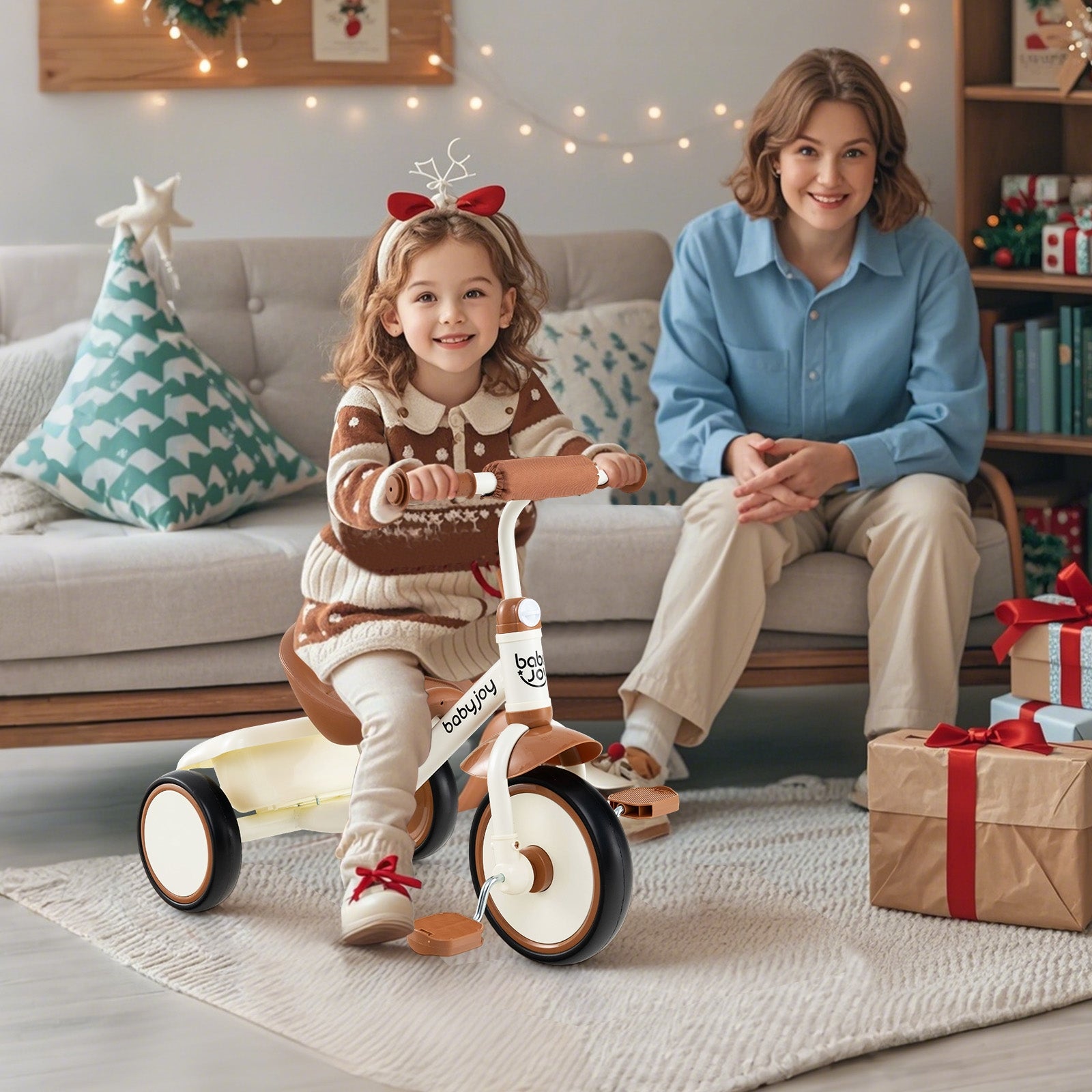 Toddler Tricycle Kids Trike with Adjustable Seat and Basket Aged 3-5 Years Old, Beige Push & Pedal Ride On Toys at Gallery Canada