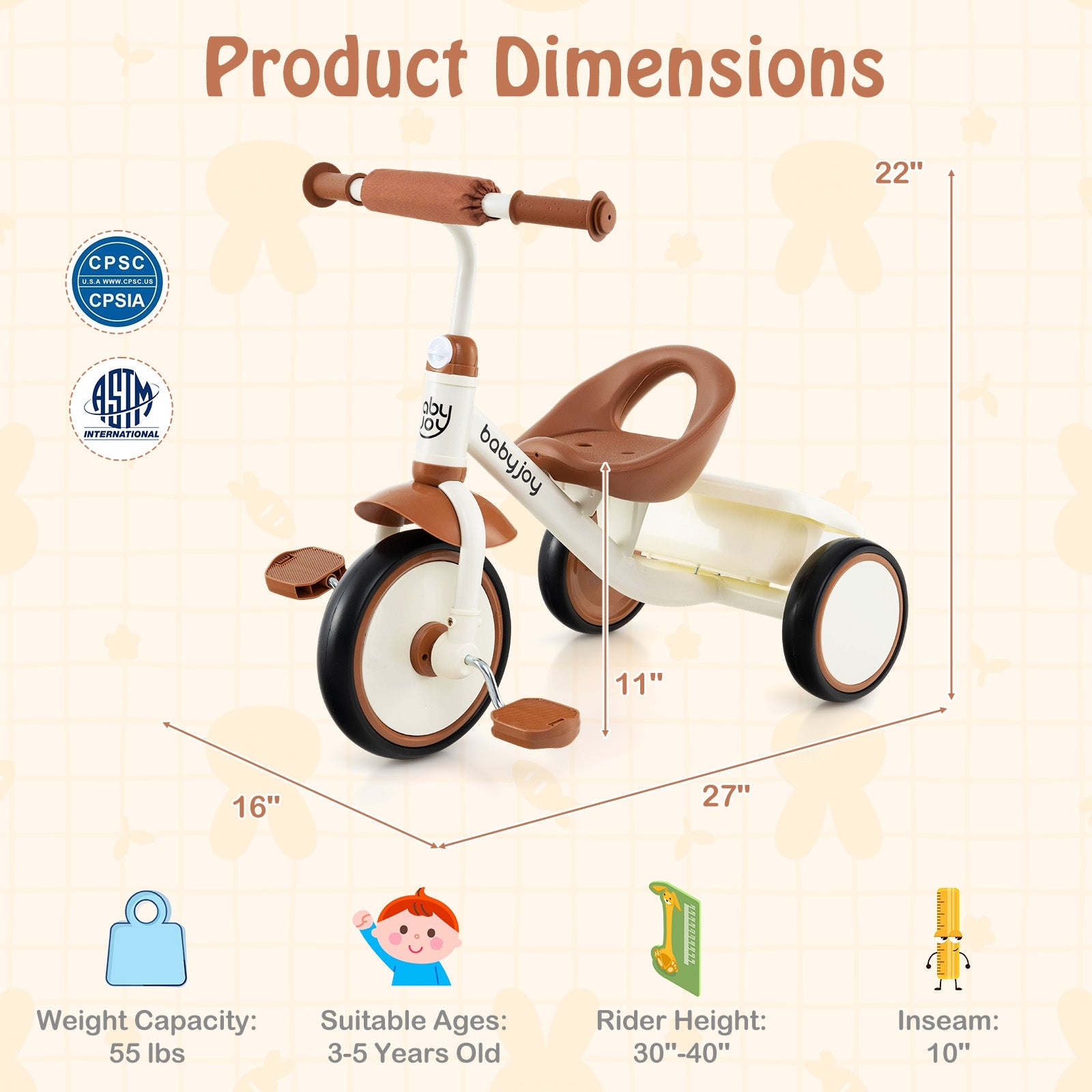 Toddler Tricycle Kids Trike with Adjustable Seat and Basket Aged 3-5 Years Old, Beige Push & Pedal Ride On Toys at Gallery Canada