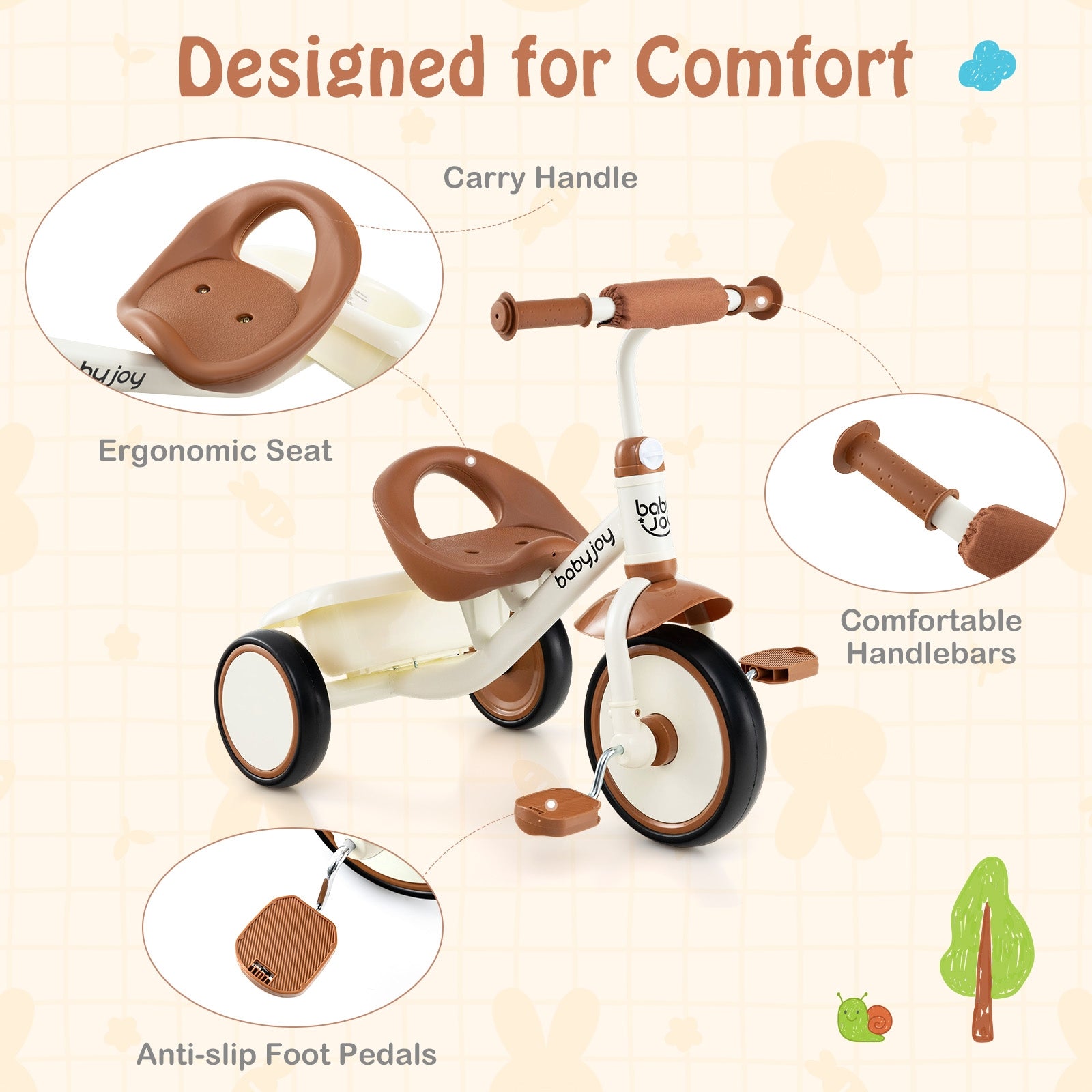 Toddler Tricycle Kids Trike with Adjustable Seat and Basket Aged 3-5 Years Old, Beige Push & Pedal Ride On Toys at Gallery Canada