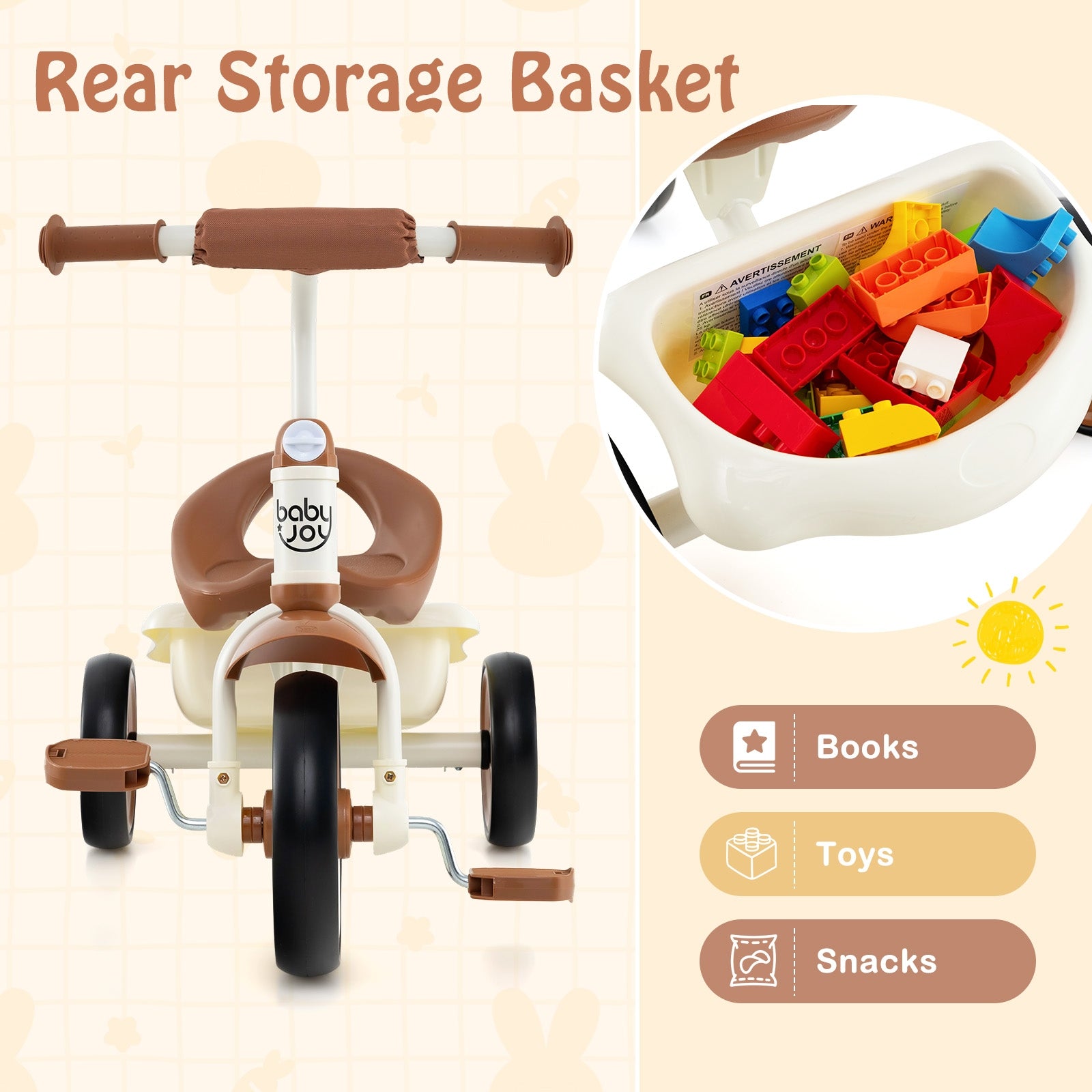 Toddler Tricycle Kids Trike with Adjustable Seat and Basket Aged 3-5 Years Old, Beige Push & Pedal Ride On Toys at Gallery Canada