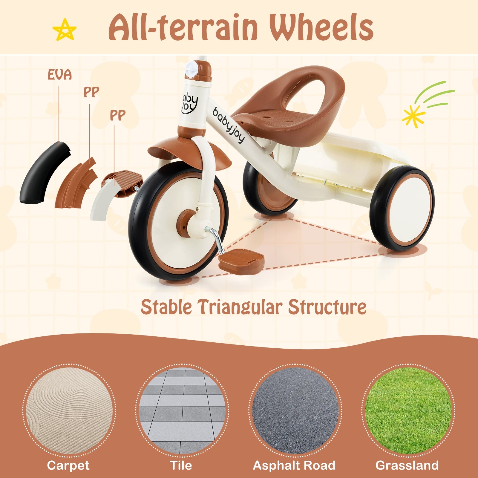 Toddler Tricycle Kids Trike with Adjustable Seat and Basket Aged 3-5 Years Old, Beige Push & Pedal Ride On Toys at Gallery Canada