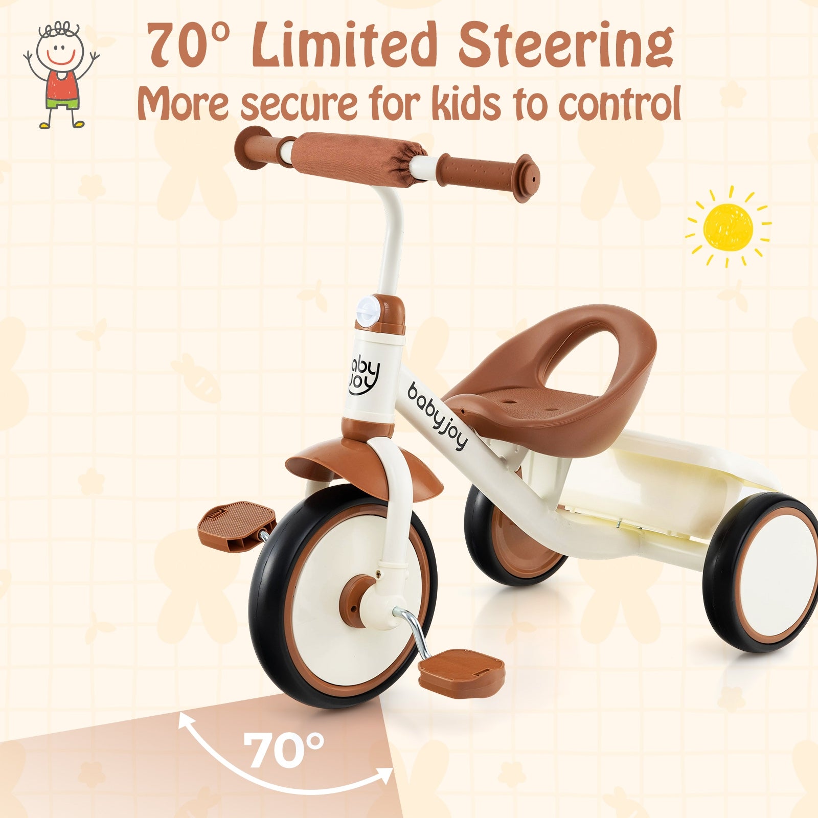Toddler Tricycle Kids Trike with Adjustable Seat and Basket Aged 3-5 Years Old, Beige Push & Pedal Ride On Toys at Gallery Canada